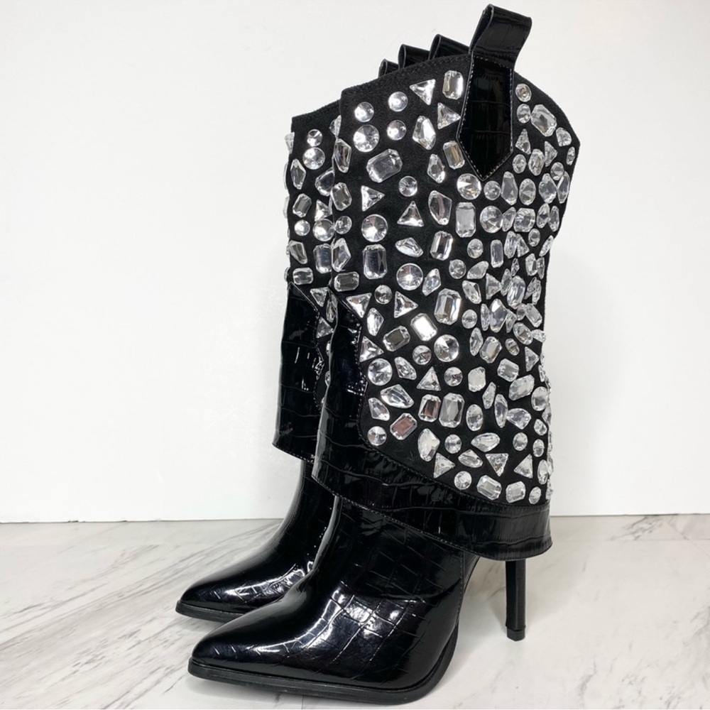 Lauren Lorraine Hana Black Crystal Embellished Western Boots | Size 7.5 |‎ NIB